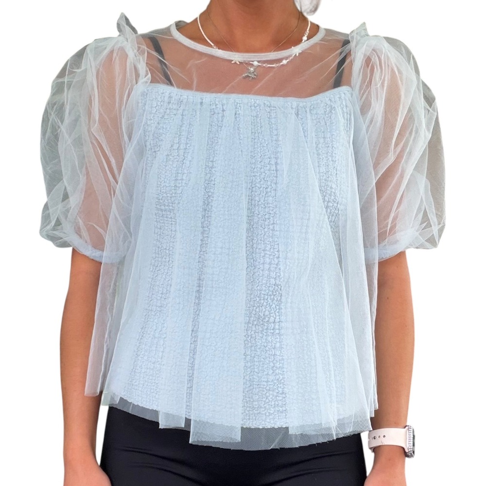 By Anthropologie Womens S Light Blue Sheer Puff-Sleeve Blouse OB1777381 Coquette - Picture 3 of 14